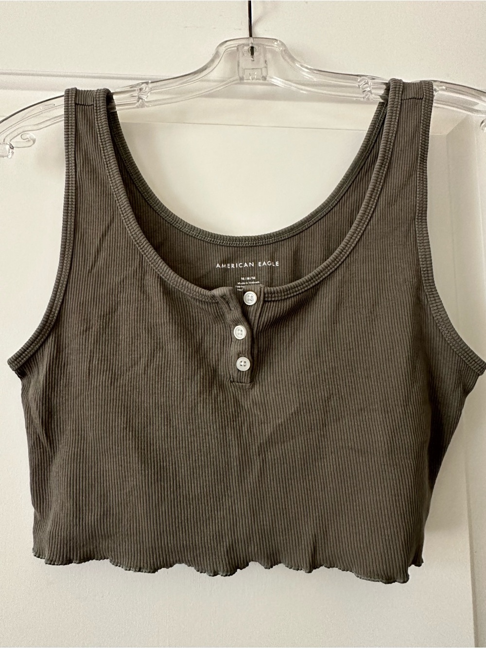 American Eagle Outfitters Olive Ribbed Henley Crop Tank Top